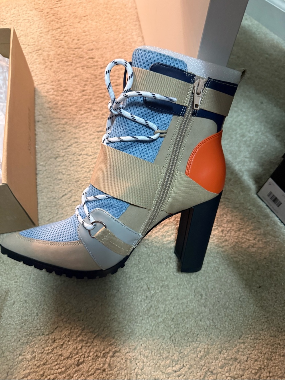 Steve Madden Beige, Light Blue & Orange Lace-Up High Heel Boot